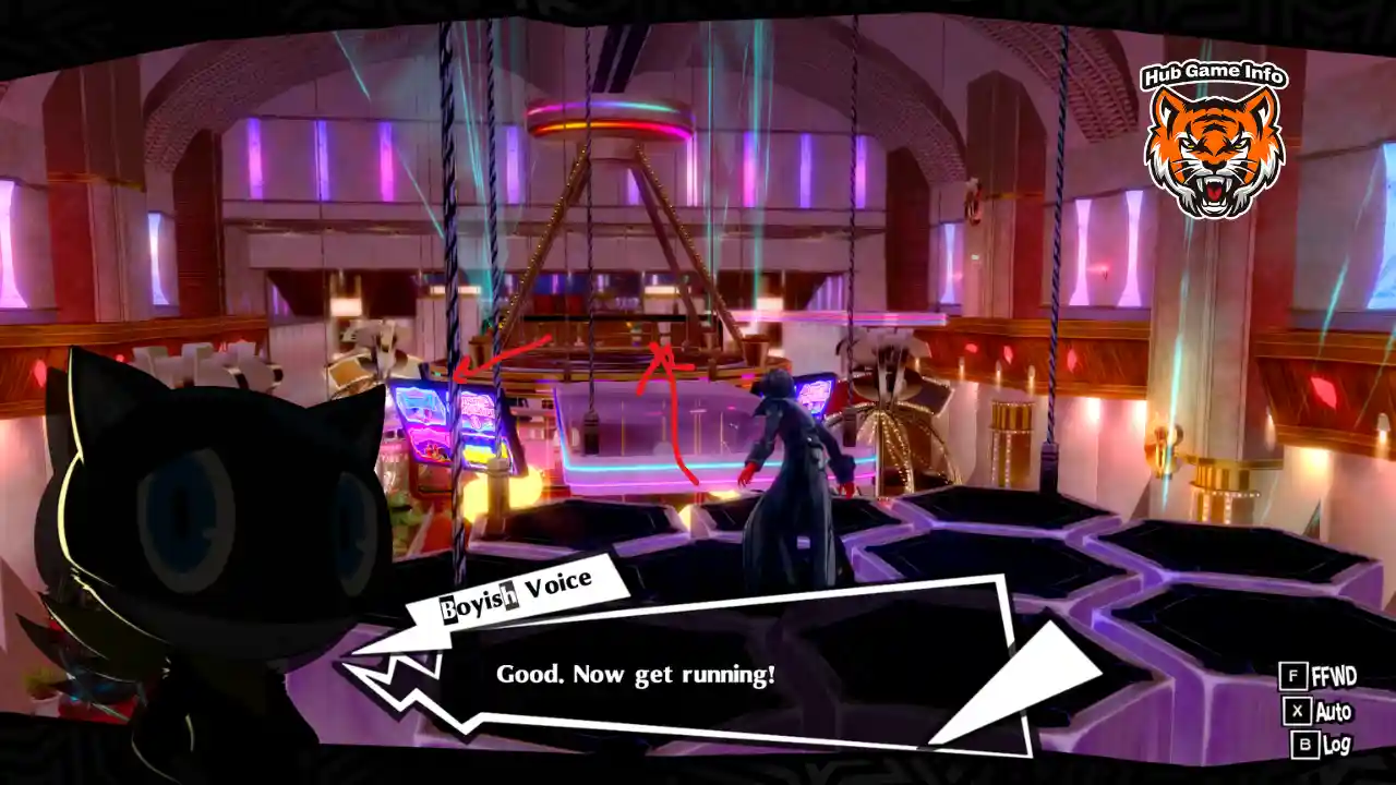 Joker stands on a raised platform inside a neon-lit casino, with arrows indicating the escape route.